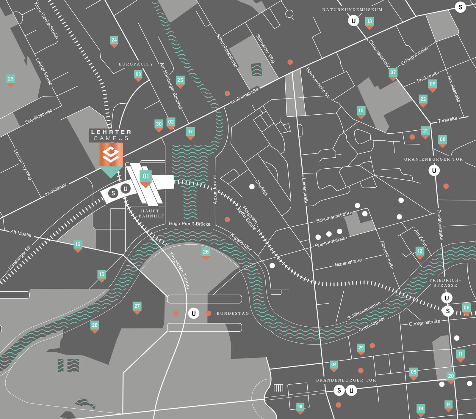 Location map of the Lehrter Campus office building in Berlin Mitte near the main railway station